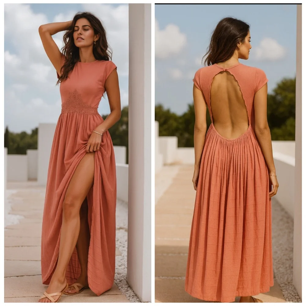 NWT Free People x Revolve Coral Open Back Short Sleeve High Slit Maxi Dress M - Picture 1 of 10